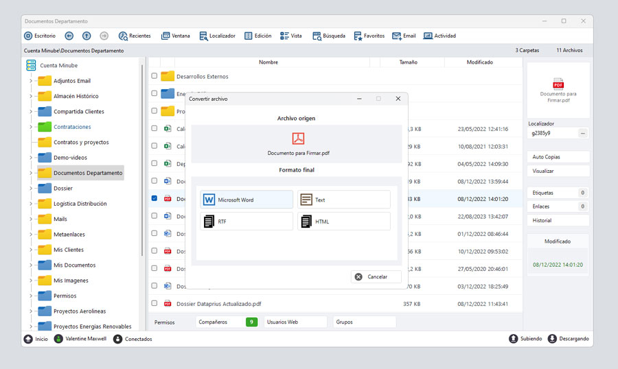 Captura de pantalla de conversión de formato de archivo en Dataprius