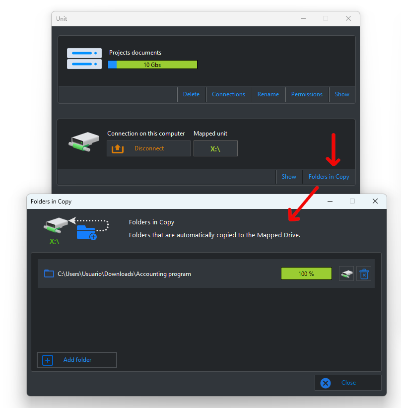 Mapdrive. Folders in copy on the mounted drives