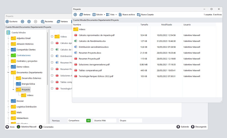Captura de pantalla de gestión de carpetas y archivos en Dataprius